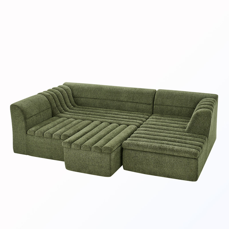 U-Shaped Modular Sectional Sofa With Wave-Shaped Armrest, Green Chenille