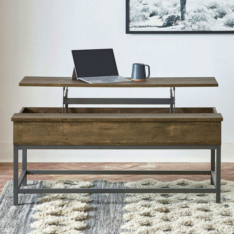 Table basse à plateau relevable en chêne brun avec cadre noir sable