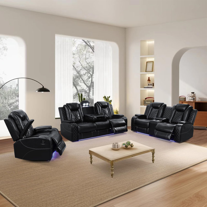 Alvon 3 Pieces of Storage Arm Vegan Leather Power Reclining Sofa Set with Lighting