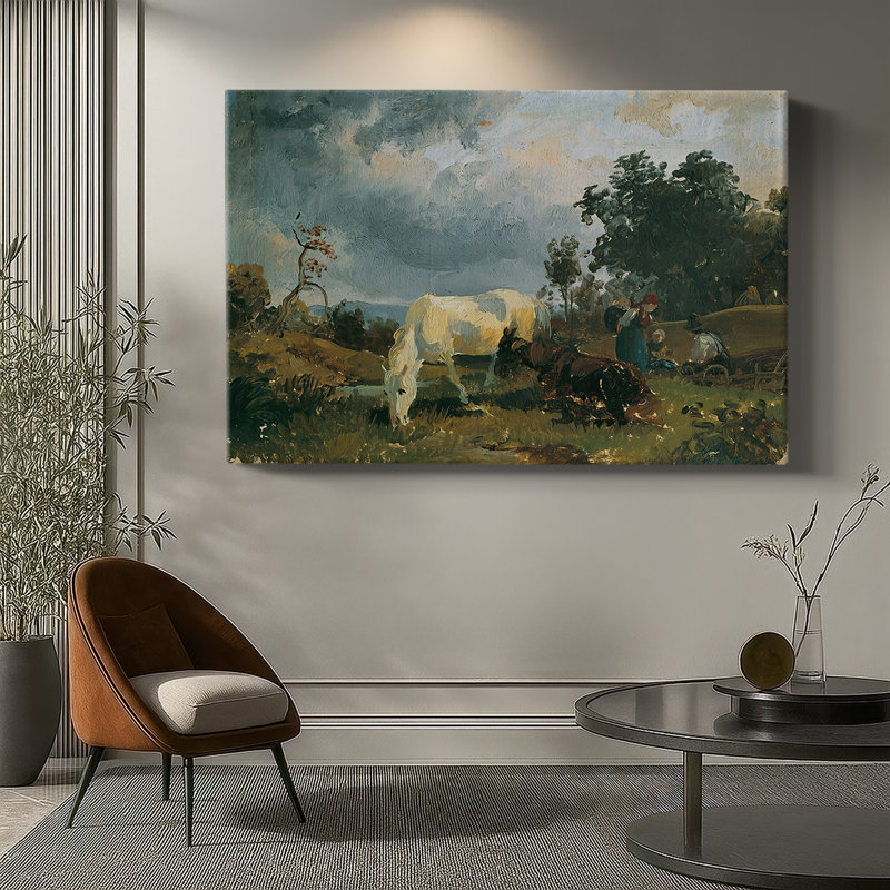 Chevaux au pâturages devant une tempête - Peinture sur toile tendue par Gauermann - c. Milieu du 19e siècle, 18 x 27