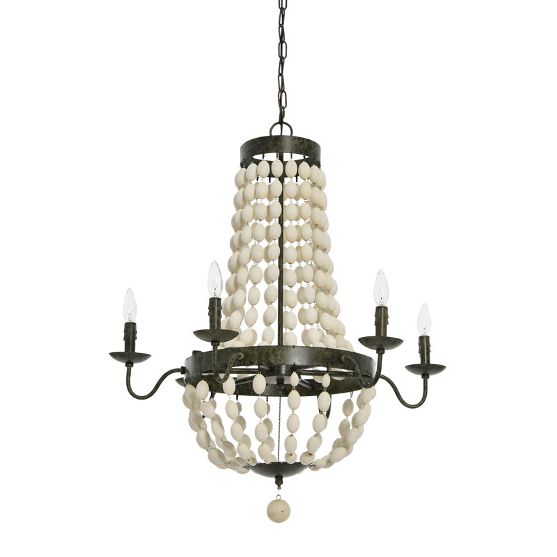 Metal and Draped Wood Bead Chandelier, Rustic Antiqued Metal/Cream