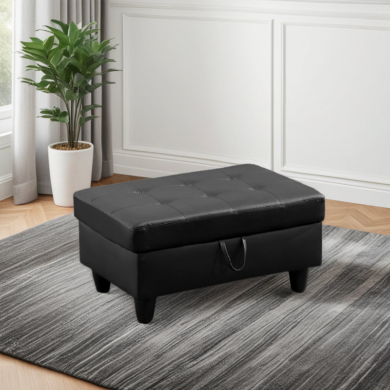 Faux Leather Ottoman, Black, Black Faux Leather