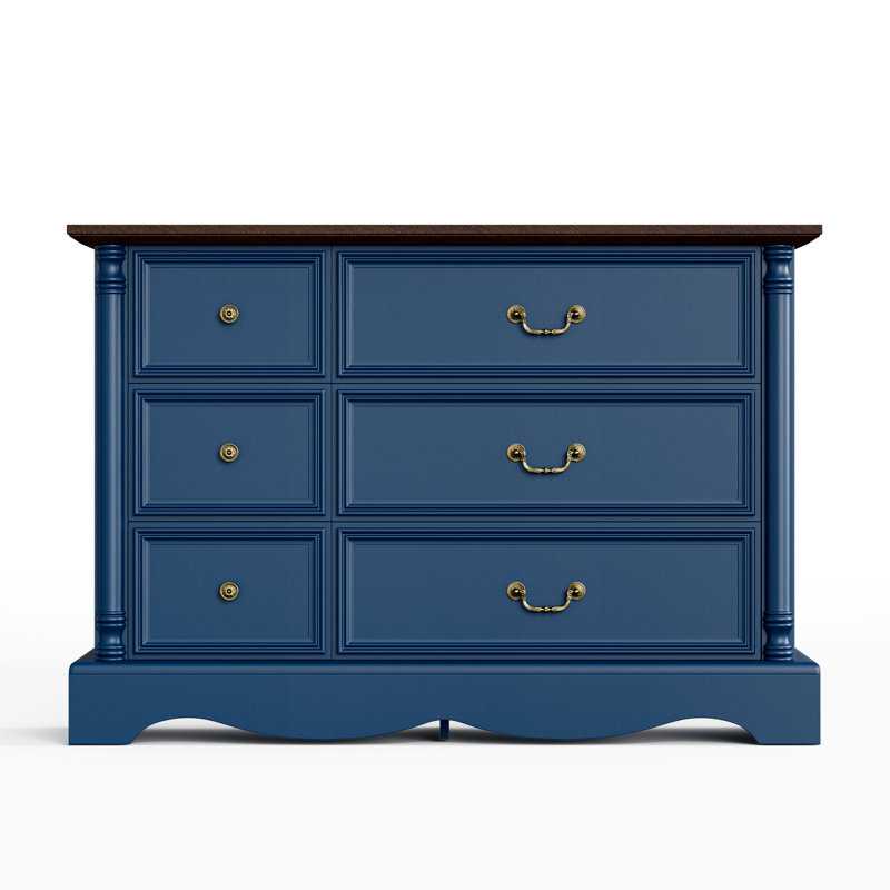 Commode 6 tiroirs, commode de ferme de 54 po de largeur avec station de charge, Bleu