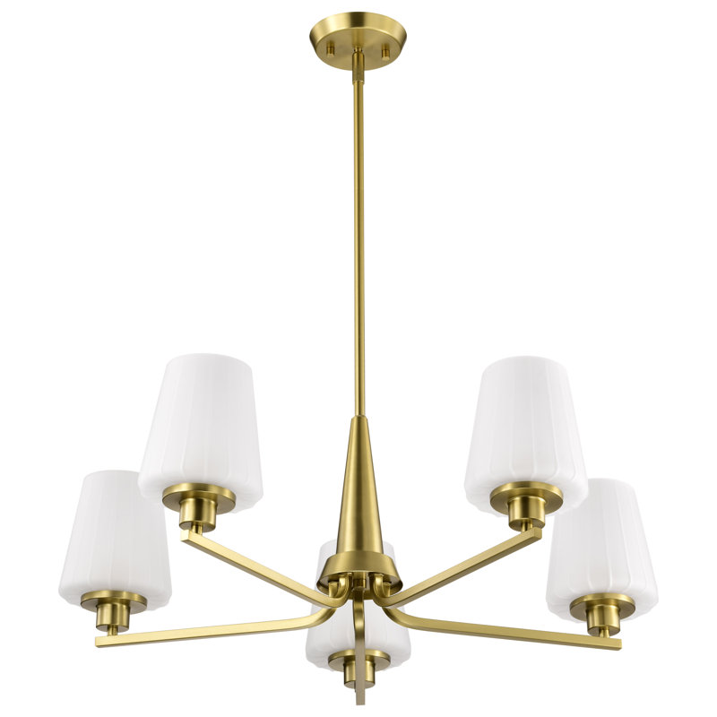 Lune - lustre - verre blanc gravé, 5 lumières, Laiton rétro, H 10,25 po x l 30 po x P 30 po