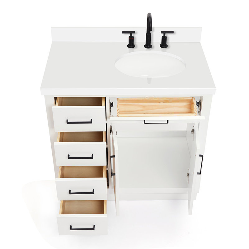 Meuble-lavabo simple en bois massif 36 po Tidworth avec plateau en quartz 1,5 po, Blanc, Ovale, Oui