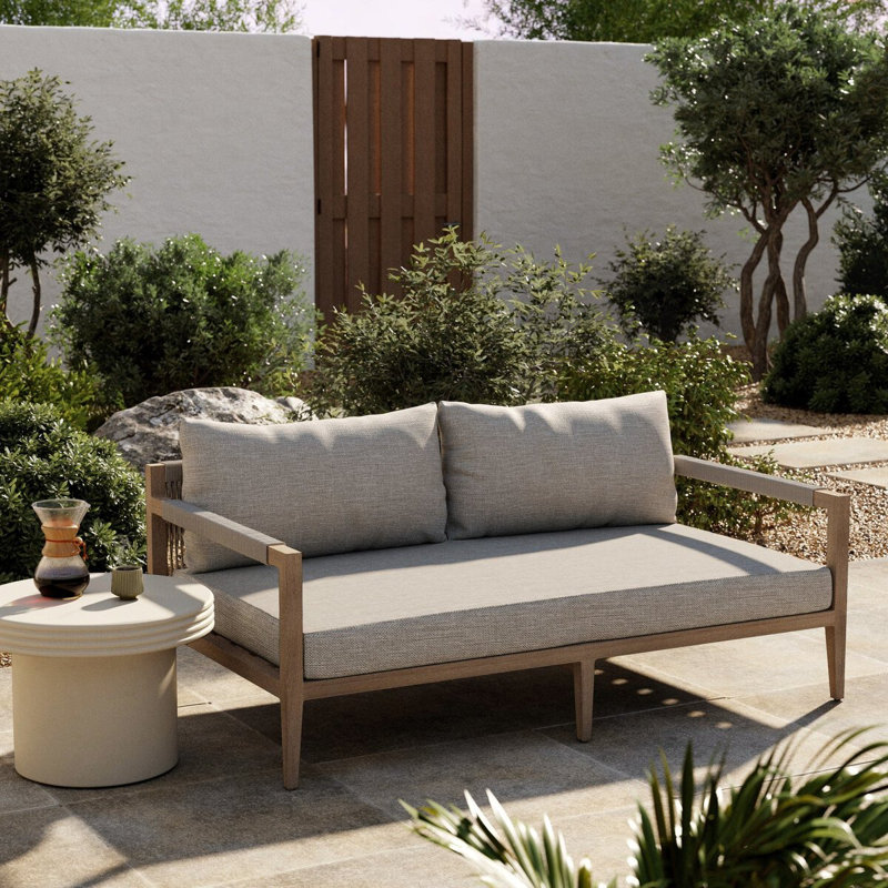 Kristine 63'' Wide Loveseat with Cushions, Solid Wood, Gray Cushion/Brown/Gray Frame