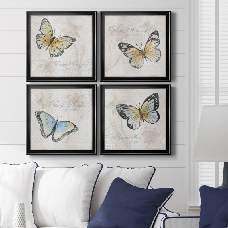 Carte postale papillon I - ensemble de 4 peintures sur toile encadrées, H 17,5 po x l 70 po x P 1,5 po, Noir
