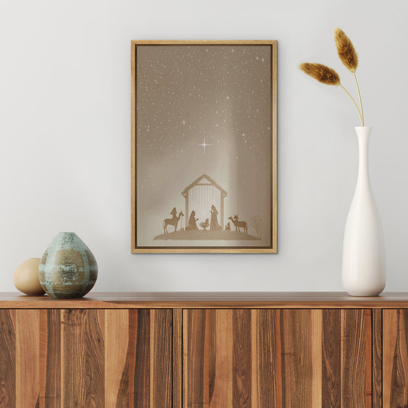 Scène de crèche rustique avec animaux sous le ciel nocturne, reproduction d'art sur toile encadrée, Naturel