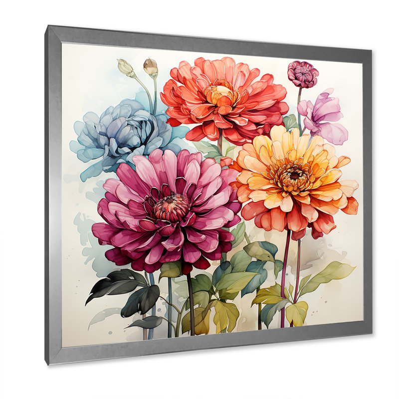 Illustration simple de Zinnia Bouquet I - Zinnias, art mural, Cadre flottant noir, H 16 po x l 16 po x P 1 po