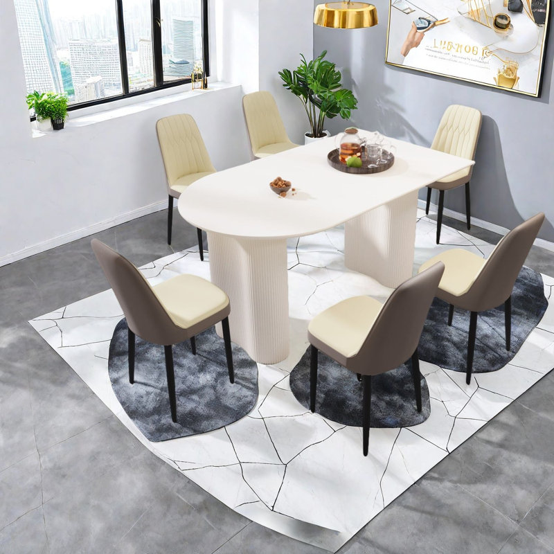 Ensemble de grandes tables de salle à manger modernes en MDF avec chaises en polyuréthane crème pour la maison et la cuisine