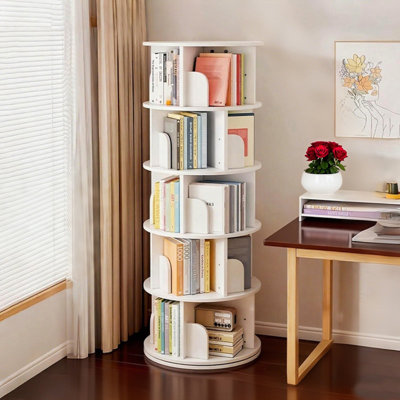 5 Tier Wood Corner Bookcase for Small Space,Rotating Bookshelf, 360 Display Spinning Bookshelf Tower