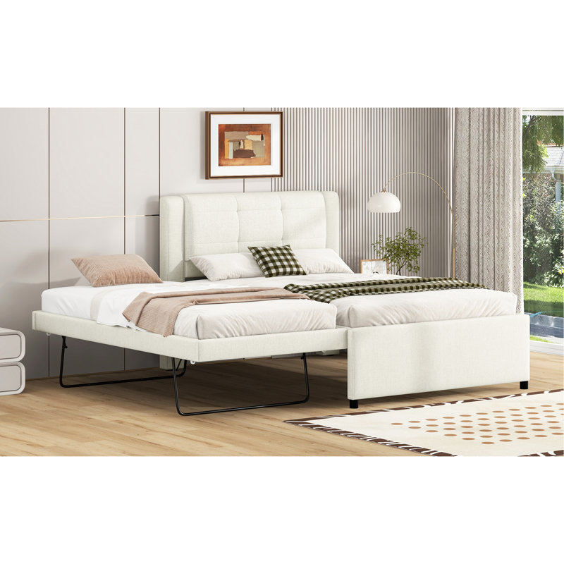 Lit plateforme tapissier double avec lit gigogne plat ou droit, bois de pin, aucune tête de lit beige confortable, structure stable