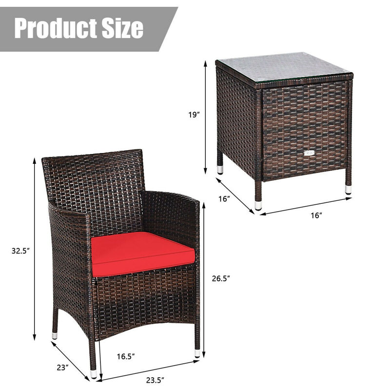Ailith 3 Piece Rattan Seating Group with Cushions, Patio Conversation Set, Red