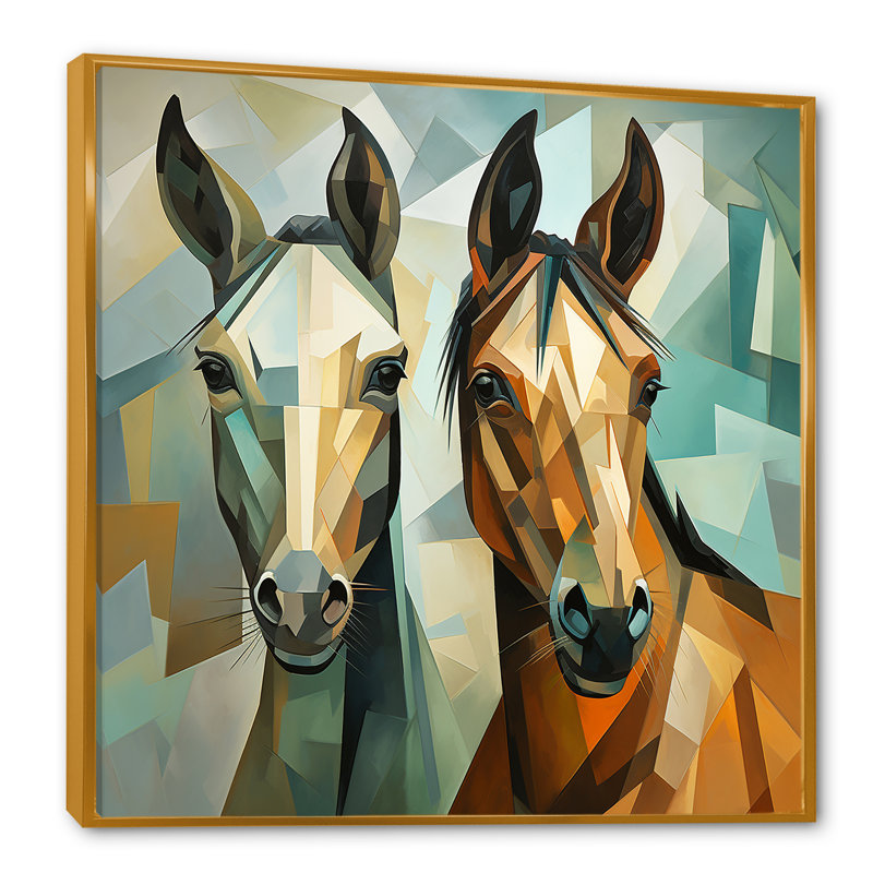 Couple cubique de chevaux verts et bruns - Art mural cheval, Cadre flottant doré, H 30 po x l 30 po x P 1,5 po