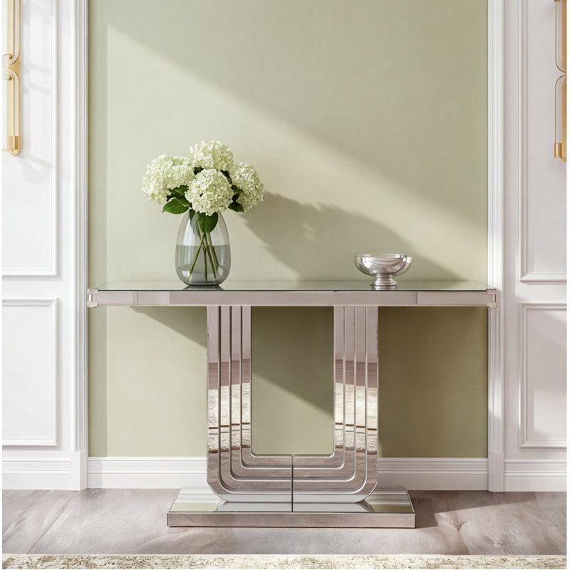 Console 47 po à miroir argenté avec base en forme de U et lignes épissées à la main, table d'entrée pour salon, couloir, vestibule