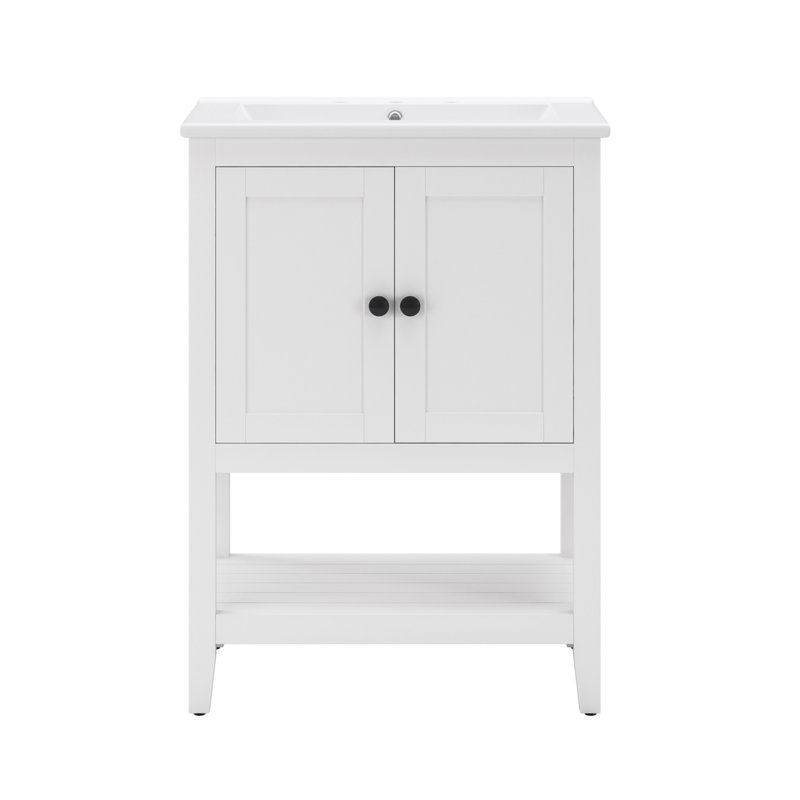 Meuble-lavabo moderne élégant de 24 pouces avec lavabo en céramique élégant et cadre en bois massif, tablette ouverte pour le rangement