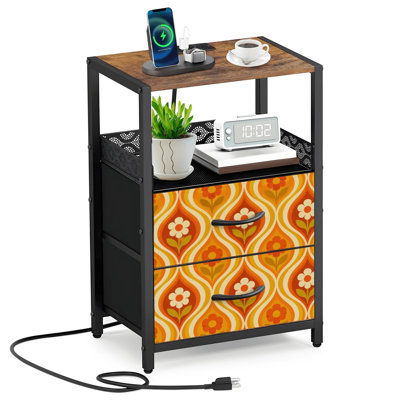 Table de chevet 2 tiroirs en tissu avec station de charge, tons chauds rétro floraux, orange, rouge, jaune