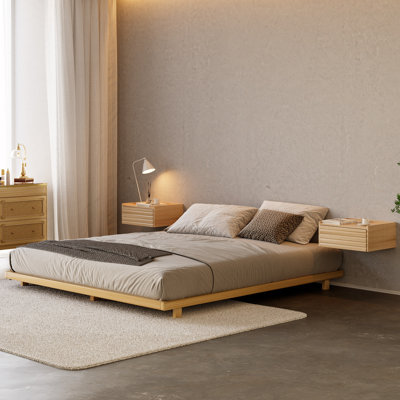 Japanese Style King Floor Bed Frame Natural Wood Finish & Carbon Steel Slats For Bedroom