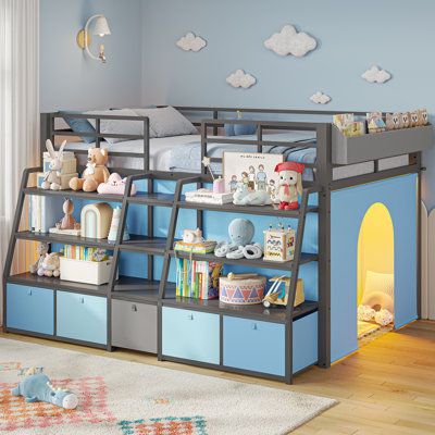 Twin Size Low Metal Loft Bed with 5 Storage Drawers, Open Shelves & Storage Box, LED Low Loft Bed with 13.4" Safety Guardrail & Under Bed Play Space, Space Saving, Gray