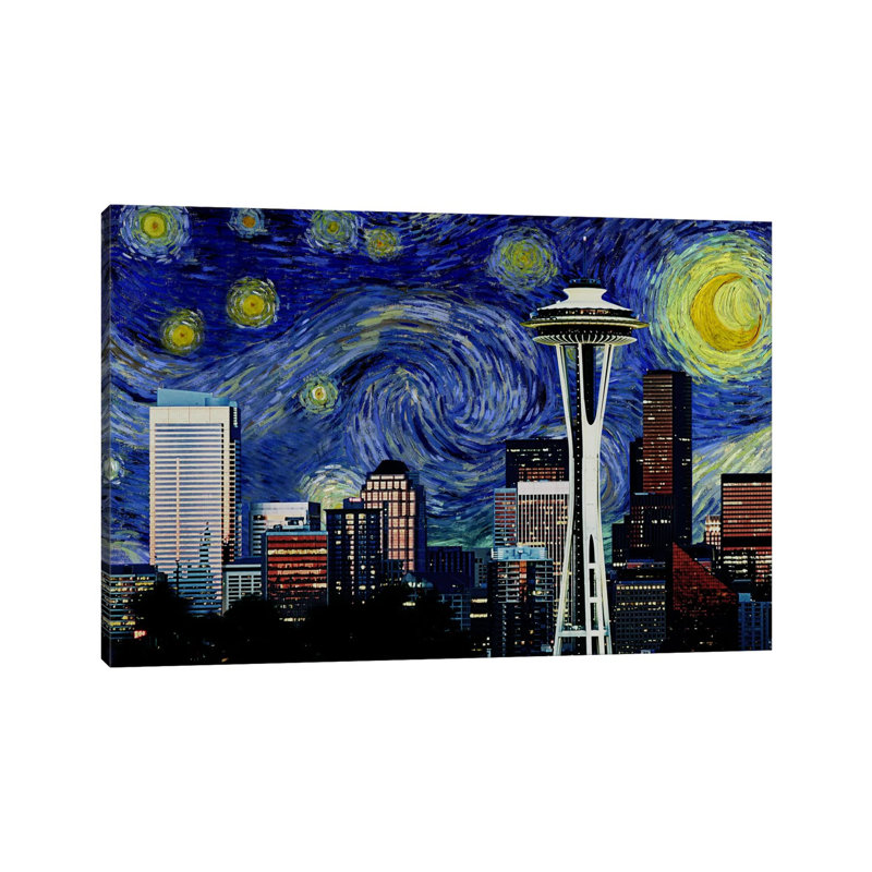 Seattle, Washington Starry Night Skyline - impression d'art graphique, Toile tendue, H 8 po x l 12 po x P 0,75 po
