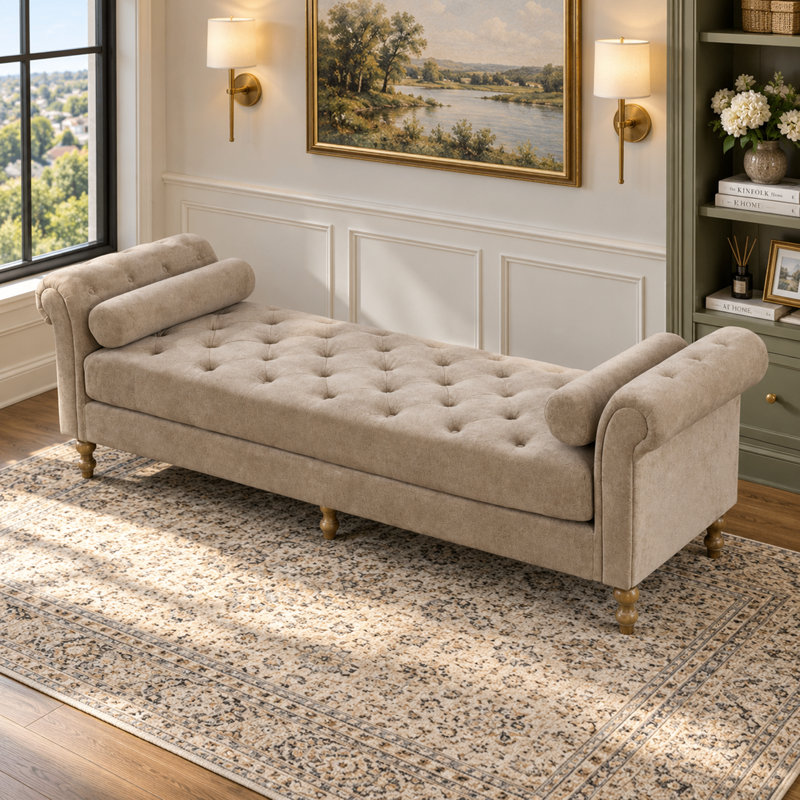 Banc de lit moderne en chenille capitonnée avec coussins cylindriques et pieds en bois d'hévéa, idéal pour l'entrée de la chambre, le change de chaussures et comme siège d'appoint.