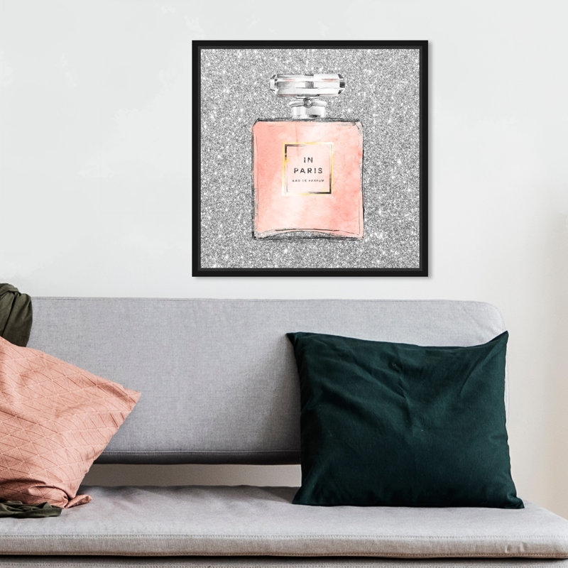 «Paris Glitter Spring, Paris Glitter Perfume», impression sur toile gris moderne pour le bain, Cadre en bois noir