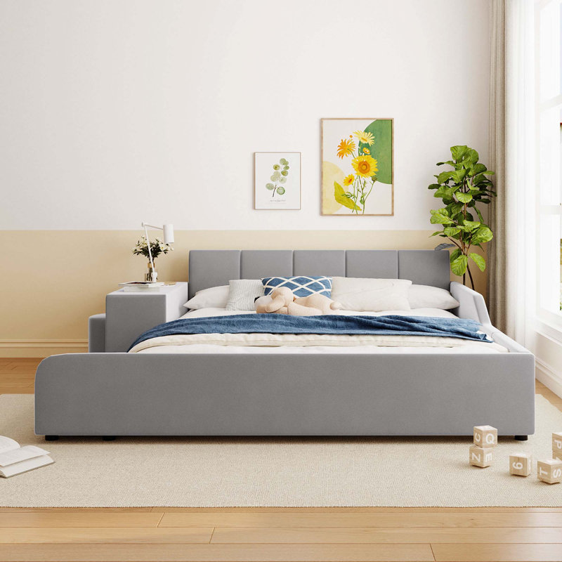 Upholstered Grounded Bed,Mother & Child Bed With Bedside Desk And Little Round Stool, Gray, Queen