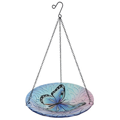 Colorful Hanging Glass Bird Bath with Butterfly