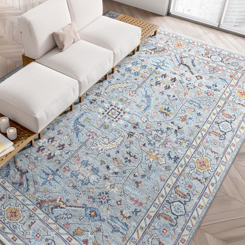 Wool Floral Area Rug in Blue/Orange, Rectangle 9' x 12'