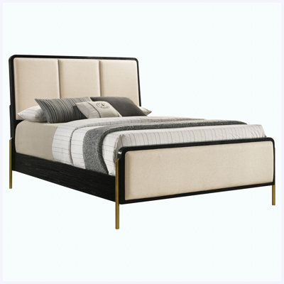 Structure de lit tapissier grand crème et noir, mobilier de chambre à coucher moderne à contraste