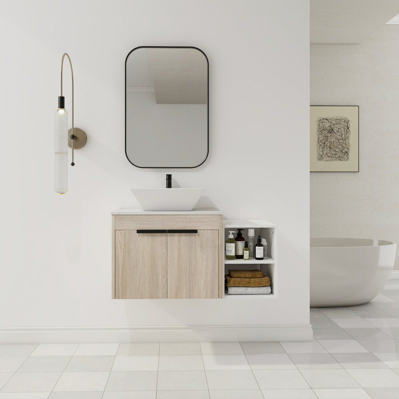 Meuble-lavabo flottant de conception moderne avec lavabo d'art en céramique, dalle de pierre plate blanche et petites tablettes de rangement, porte à fermeture douce, ensemble KD