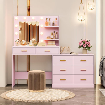 Meuble-lavabo de 61 po avec miroir et lumières. Meuble-lavabo avec 8 tiroirs de rangement larges et 2 tablettes à niveaux. 3 modes d'éclairage avec luminosité réglable pour la chambre à coucher