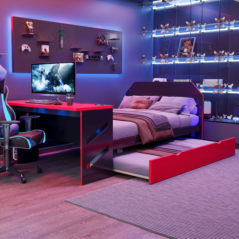 Lit de jour en bois avec lit gigogne simple, bureau et port USB, Rouge