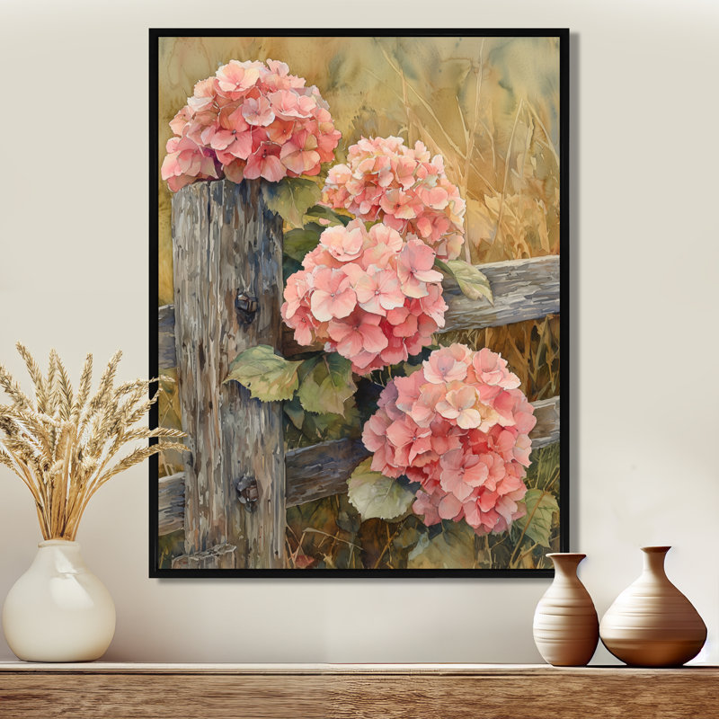 Farm Hydrangeas By The Fence I - Hydrangea, reproduction d'art sur toile, H 40 po x l 30 po, Reproduction avec cadre flottant