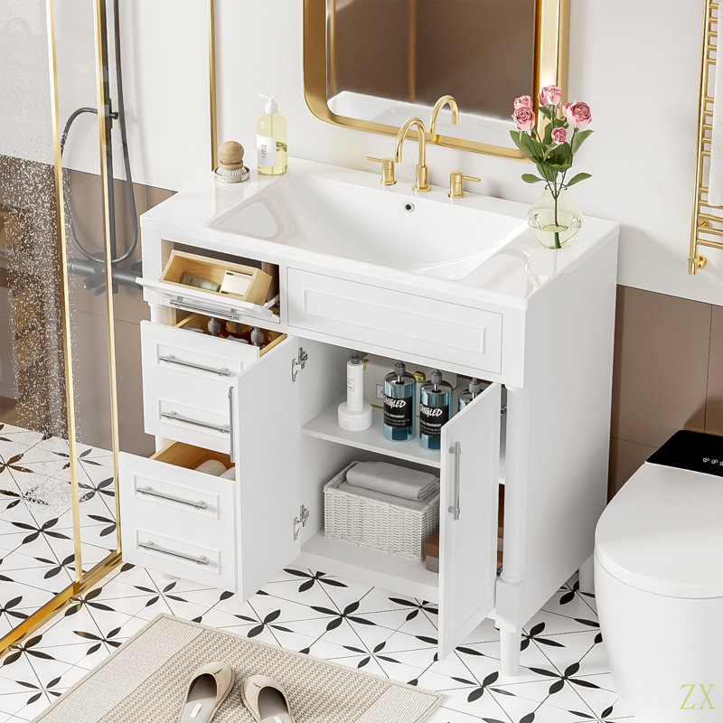 Meuble-lavabo de 36 po avec lavabo en résine supérieur, armoire de rangement autoportante avec 2 tiroirs et un tiroir basculant, ensemble de meuble-lavabo avec cadre en bois massif, tablette à hauteur réglable