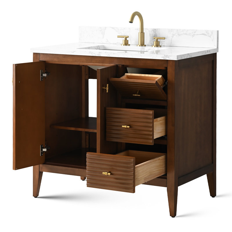 Ensemble de meuble-lavabo simple 36 po, Doré brossé, Noyer linéaire