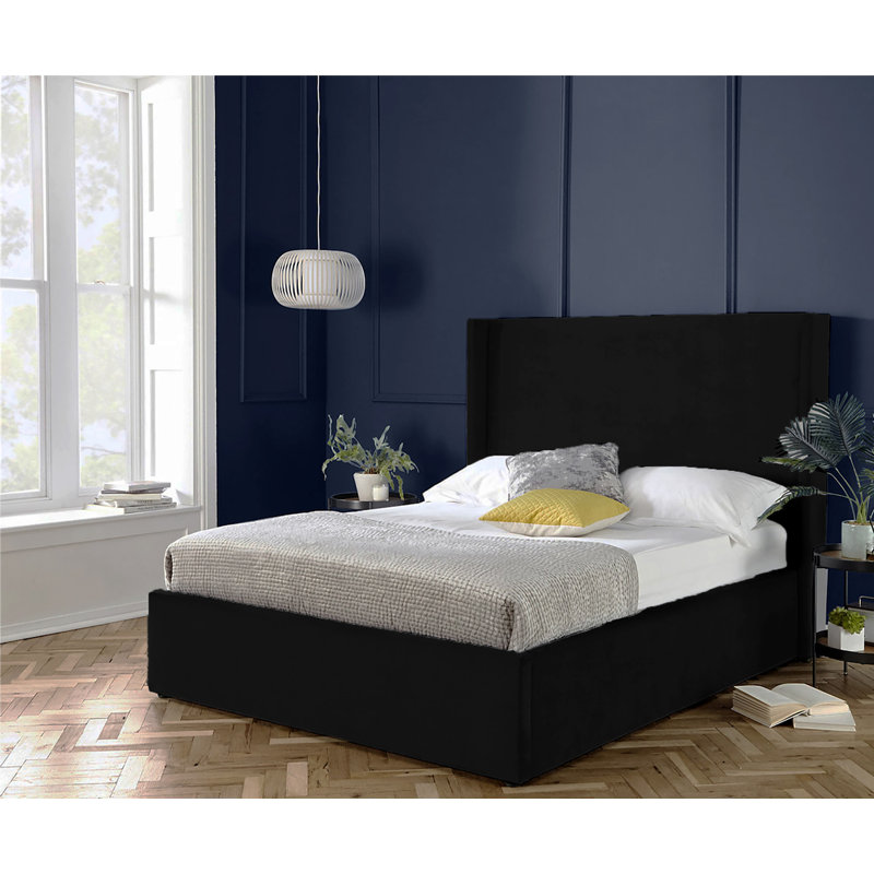 Plain Wing Kailua Upholstered Bed Frame - Plush Velvet Wingback with Sprung Slats, Single (3'), Black