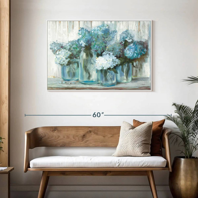 Hortensias en pots de verre bleus, 40 po x 27 po, Cadre flottant blanc