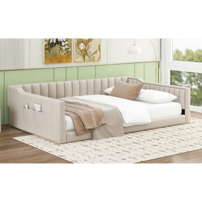 Lit de jour double rembourré beige avec rangement latéral - Confortable et élégant pour la chambre d'amis, sans sommier, processus d'assemblage facile en velours