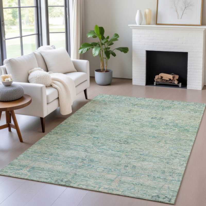 Tapis bleu sarcelle lavable à la machine intérieur / extérieur Xhevrie, Rectangulaire 8 pi x 10 pi