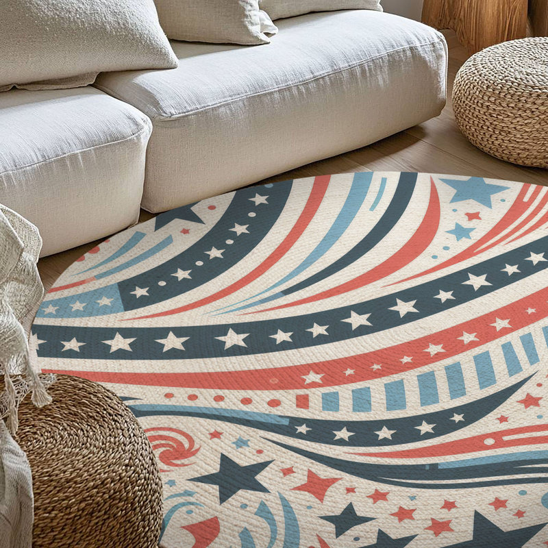 Tapis tressé rouge et bleu, Rond 5 pi