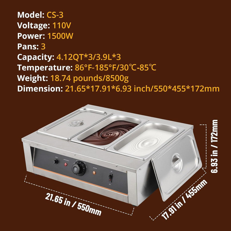 Chauffe-chocolat en acier inoxydable à 3 réservoirs - 1500 W, capacité de 26 lb, chaleur réglable de 86 à 176 ℉