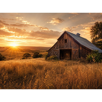 «Harvest Barn Sunset - Farmhouse Countryside Landscape», estampe numérique sur toile tendue