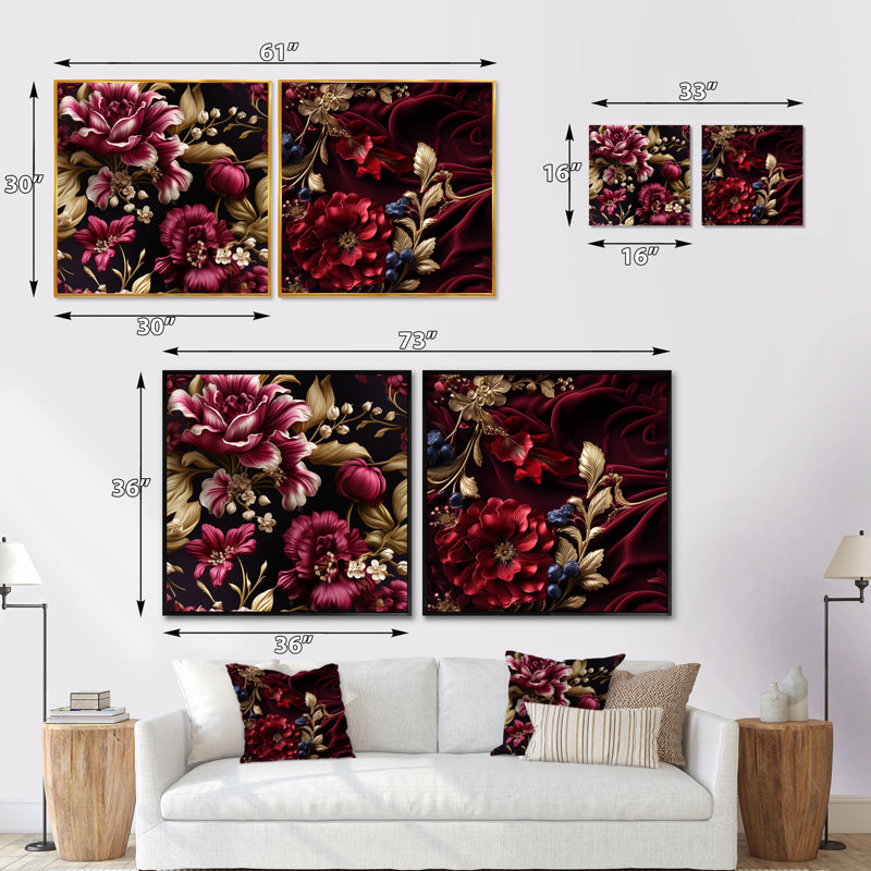 Regal bourgogne fleurs majestueux Elegance III - ensemble de 2 collages carrés abstraits, Toile tendue, H 30 po x l 61 po