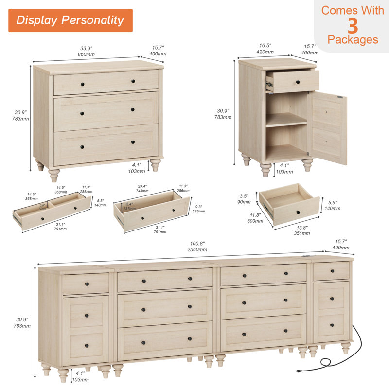 Mid Century Modern Dressers With Charging Station, Light Beige Dresser For Bedroom With 8 Drawers And 2 Storage Cabinet