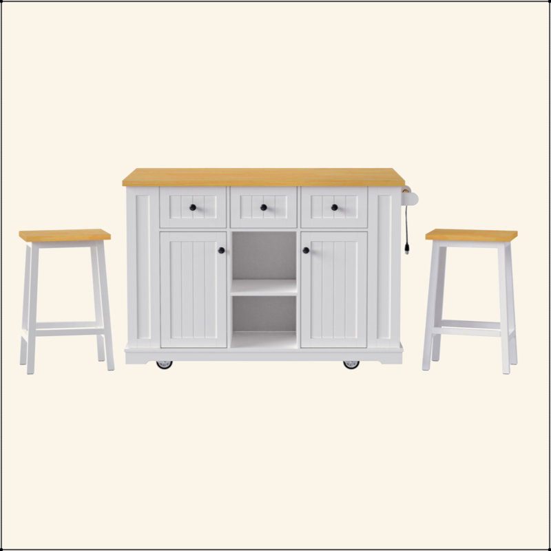 Large Kitchen Island With 2 Bar Stools, Power Outlet,Door Internal Storage Rack, Kitchen Storage Cart On 5 Wheels With Drop Leaf, 5 Open Side Racks, 3 Drawers, For Kitchen,Dining Room