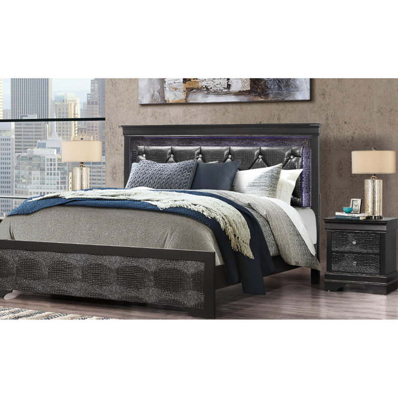 Grand lit moderne gris Shaker de style moderne avec éclairage à DEL et tête de lit rembourrée d'inspiration cristal, bois massif + lit, structure en bois d'hévéa pour la chambre à coucher, revêtement en similicuir, sommier