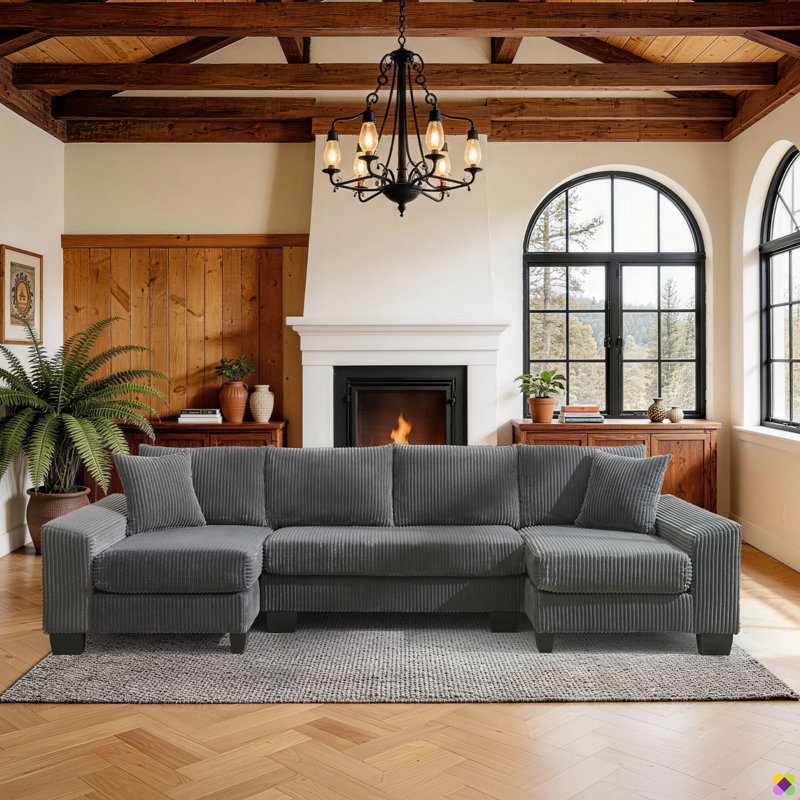 Wartow 114"W Corduroy Convertible U-shape Sectional, Sleeper Sofa Bed, Dark Gray Corduroy