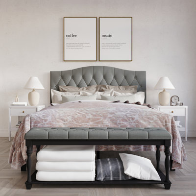 Jenese Curved Upholstered Bed with Storage Bench in Linen