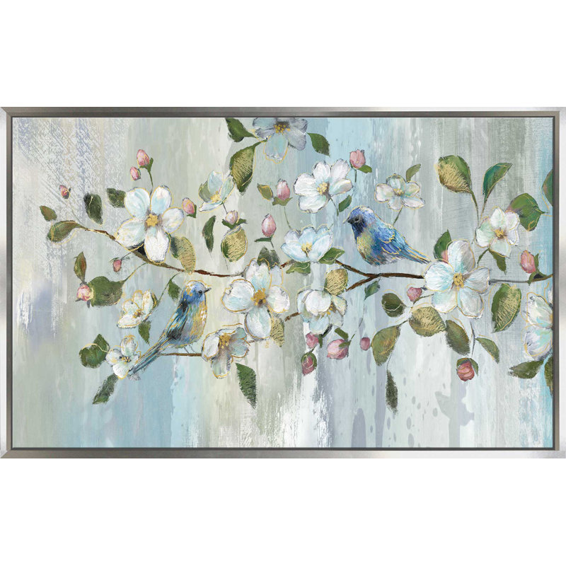 «Painterly Spring», reproduction de peinture acrylique, H 39,5 po x l 63,5 po x P 2 po, Cadre flottant argent